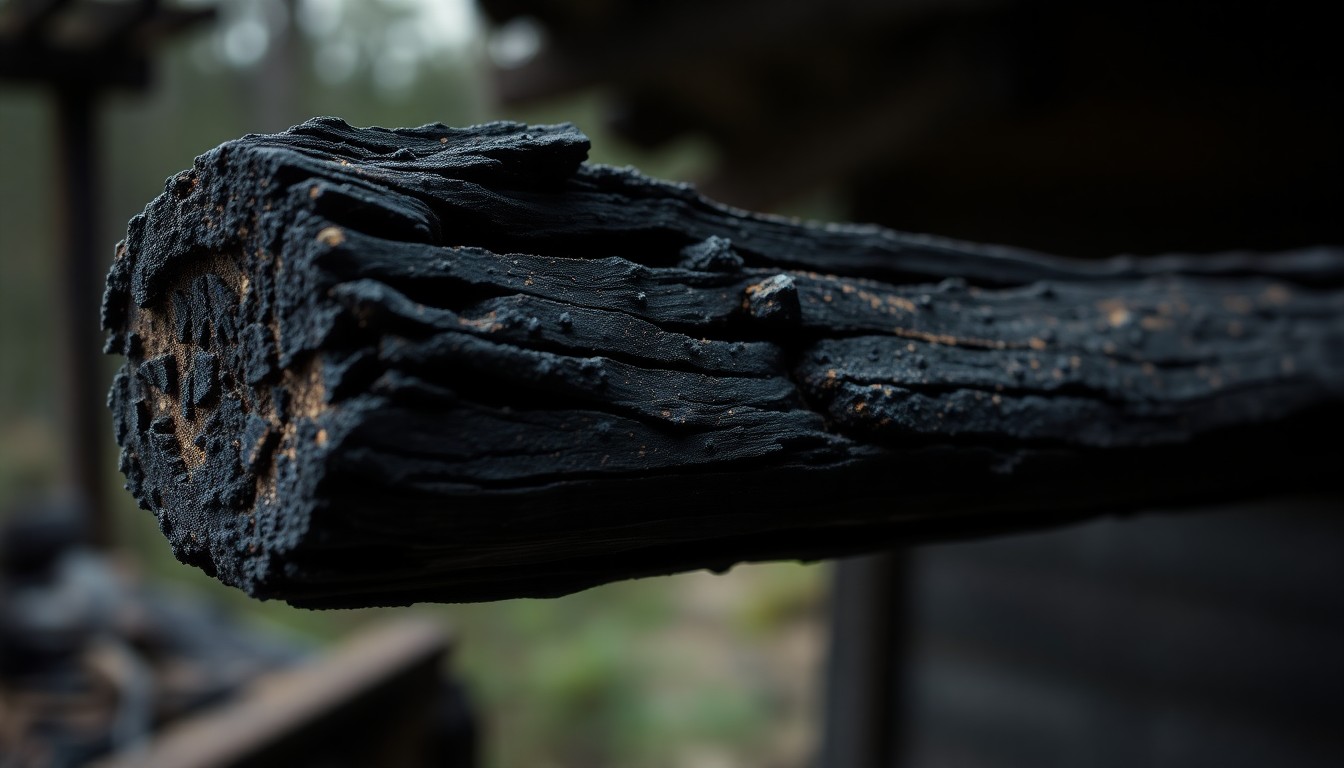 An extreme close-up photograph of a charred, cracked wooden beam, capturing the devastation and emotional weight of losing a longtime family home to natural disaster.