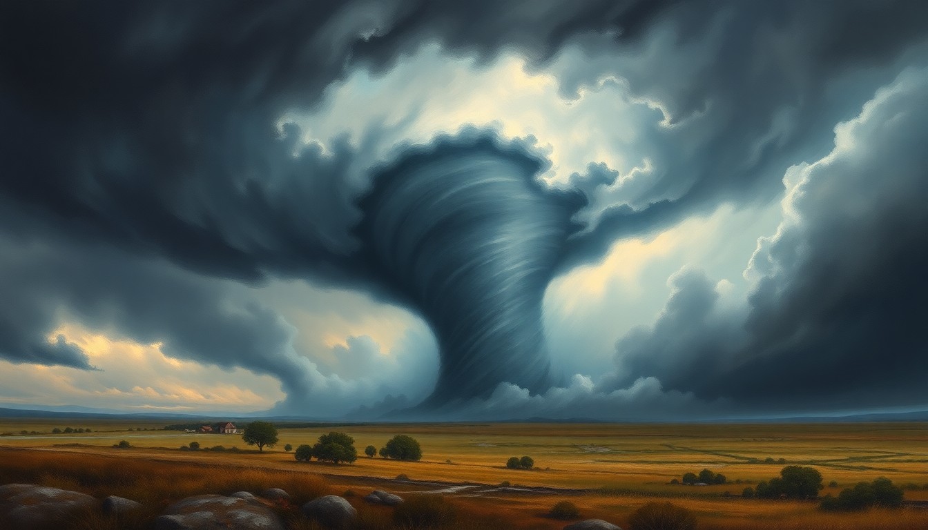 A sweeping, atmospheric landscape painting depicting a massive tornado dominating the center of the frame, with dramatic brushstrokes of charcoal, indigo, and electric blue conveying the raw power of the natural disaster.