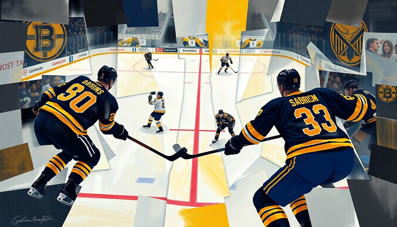 A cubist, geometric painting depicting a hockey game between the Boston Bruins and Buffalo Sabres, with the players and action broken down into sharp, overlapping planes of color in the team's uniforms.