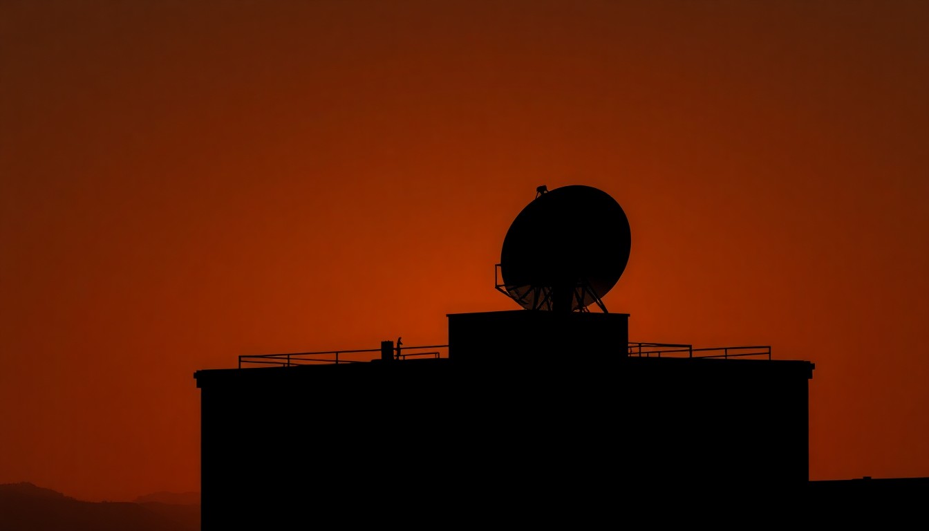 A moody, cinematic painting of a solitary satellite dish or radar dome on a government building, with warm light and deep shadows, conceptually representing the strategic decisions around Germany's space investments.