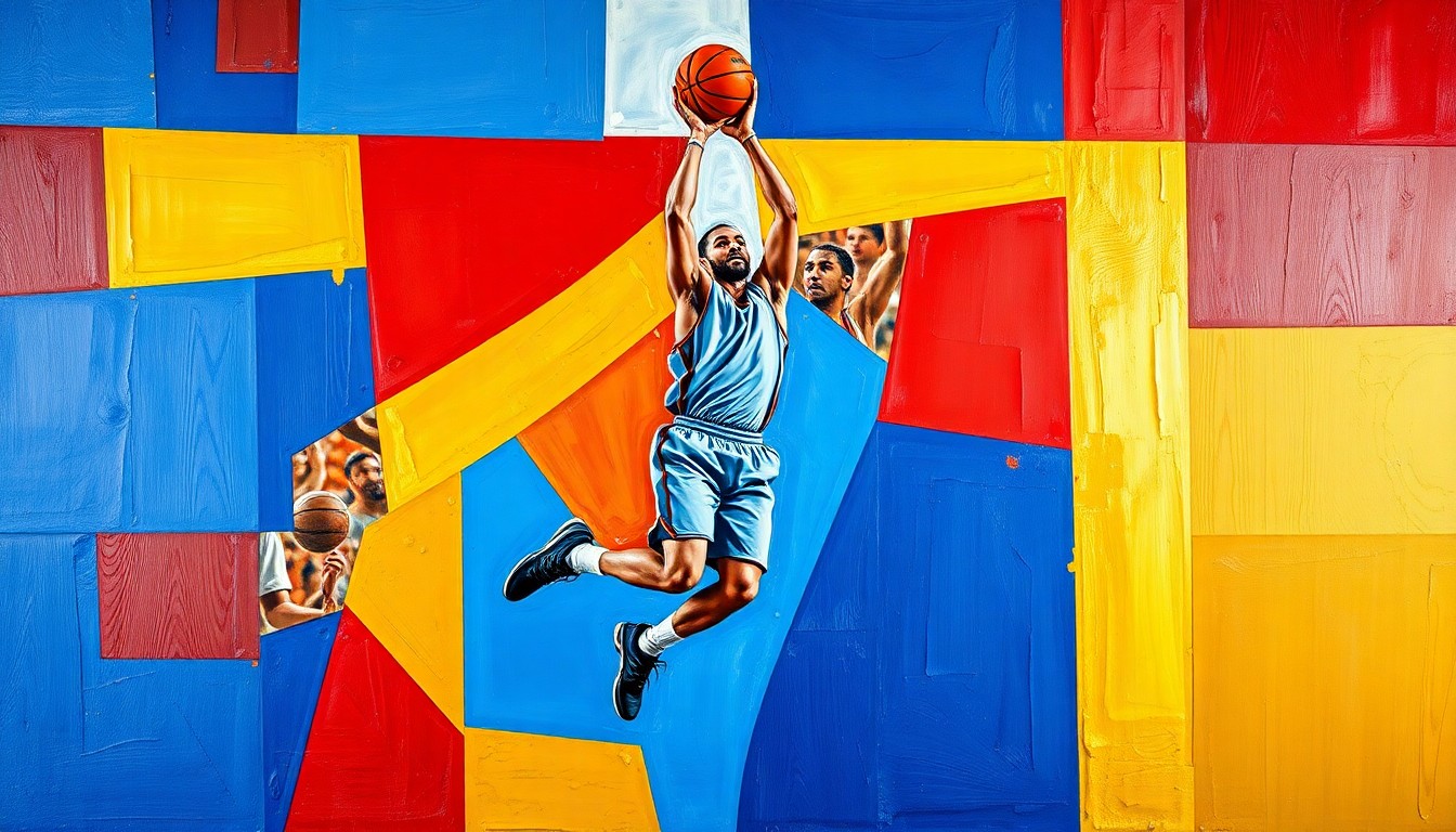 A fragmented, geometric painting depicting a basketball player mid-jump shot, the figure broken down into sharp, overlapping planes of vivid blue, red, and gold hues, conveying the dynamic motion and skill of the sport.