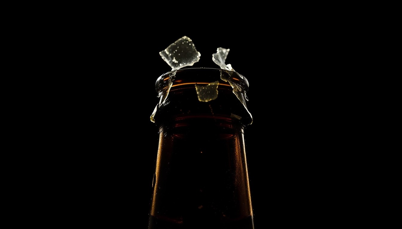 An extreme close-up photograph of a jagged, broken beer bottle neck against a stark black background, conveying the sudden, violent nature of the alleged assault.