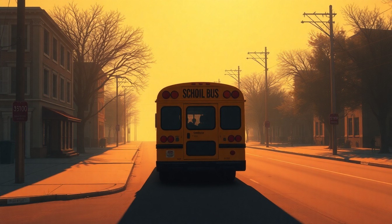 A realistic painting of a yellow school bus parked on a deserted city street, with warm sunlight casting long shadows across the scene. The image has a nostalgic, cinematic quality, capturing a sense of solitude and contemplation.