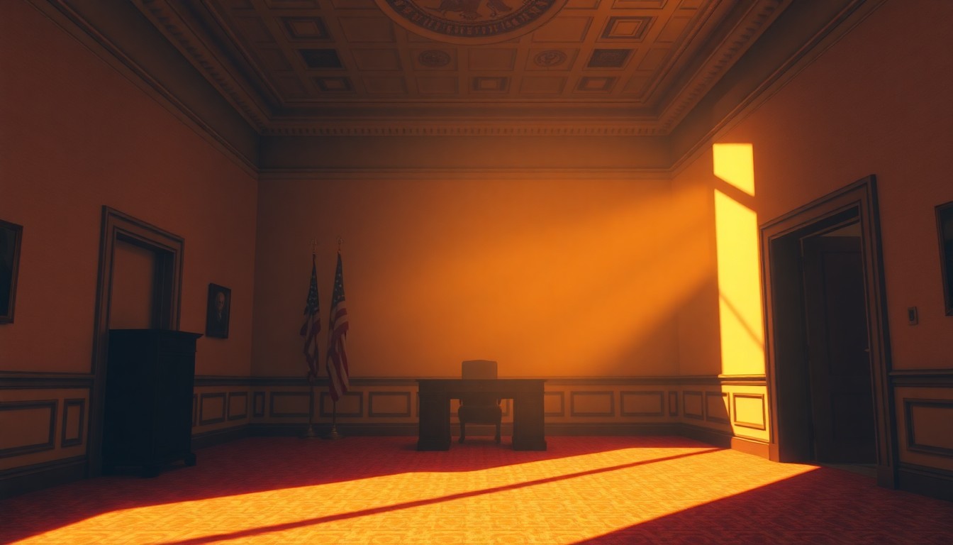 A dimly lit, cinematic painting of an empty congressional office, with warm sunlight streaming in through the windows and deep shadows casting an ominous mood, conceptually representing the unease and isolation surrounding the Swalwell scandal.