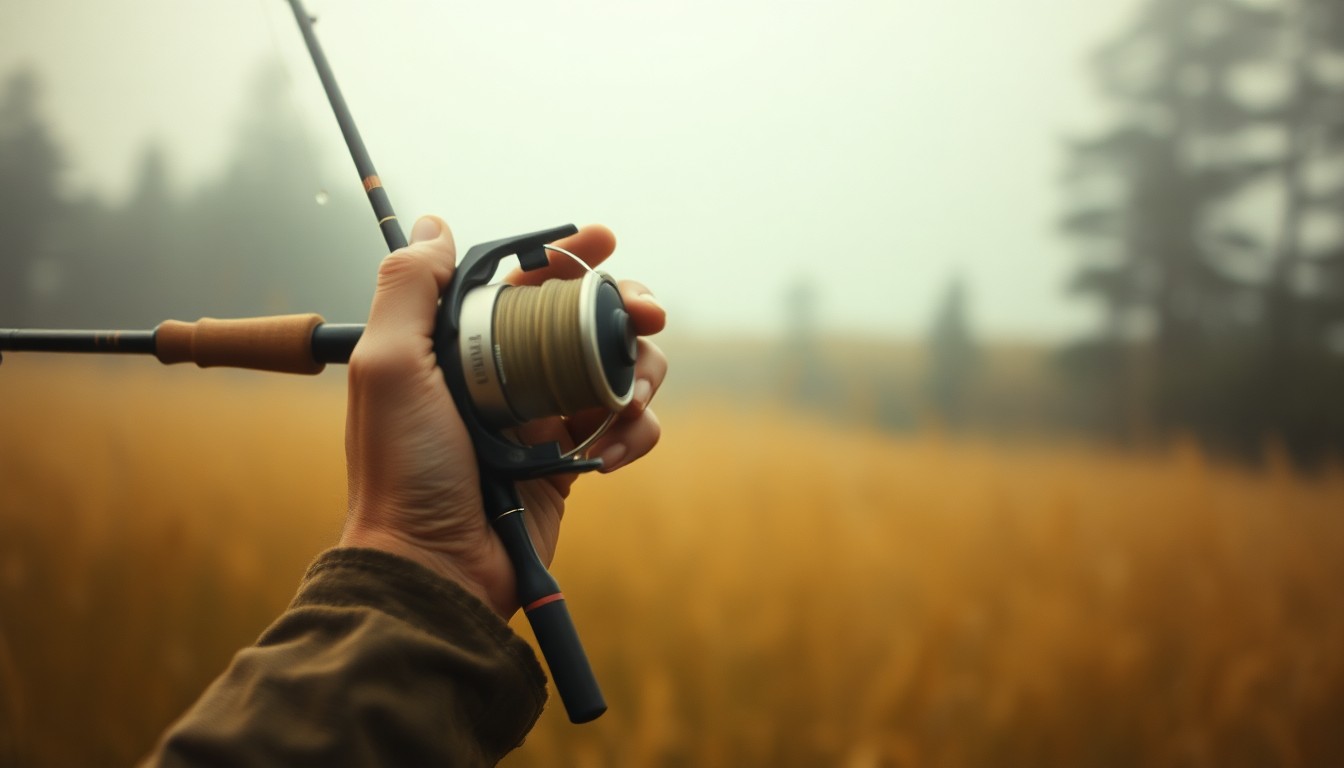 An abstract, impressionistic photograph featuring a pair of weathered hands holding a fishing rod and reel, with a blurred background of tall grass and trees, conveying a sense of nostalgia and the tranquility of rural life.