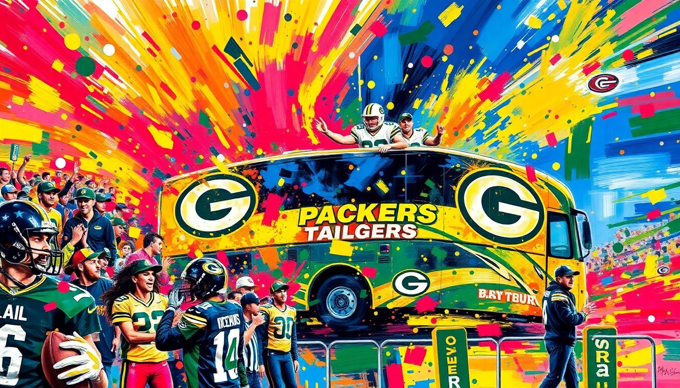 An abstract, expressionist painting in vibrant neon colors, capturing the energy and excitement of the Packers' Tailgate Tour with players, fans, and the team's iconic bus blending together in a dynamic, painterly composition.