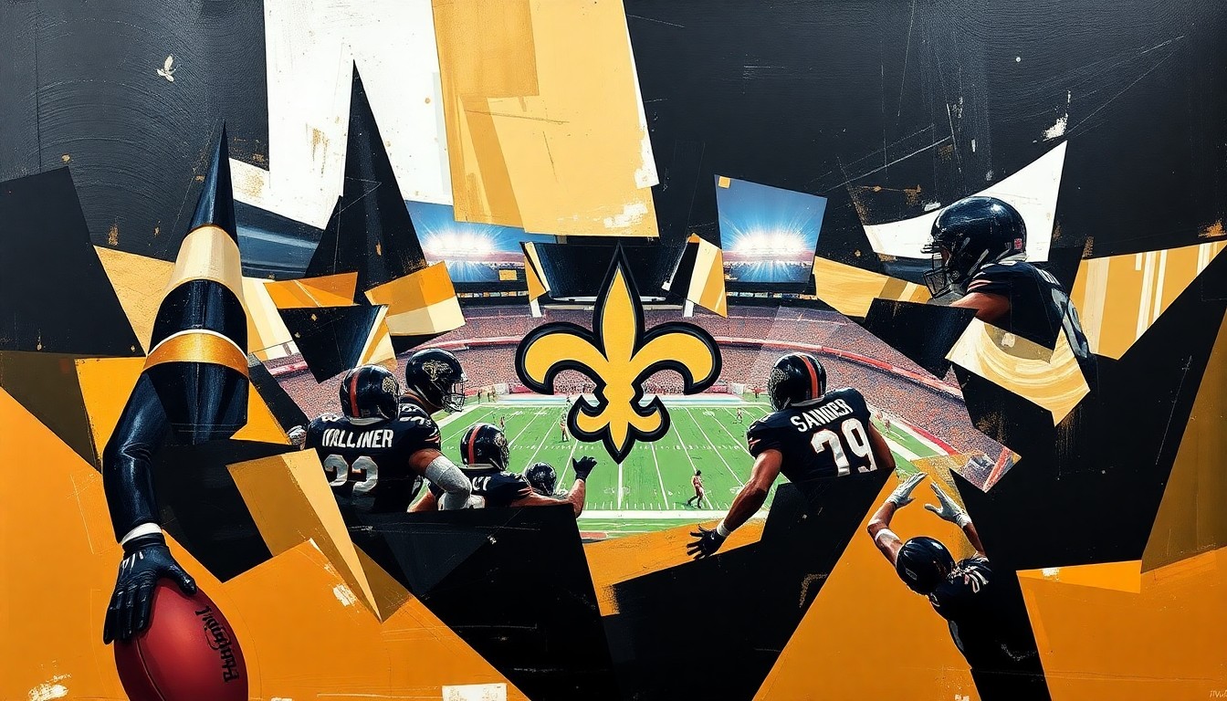 A cubist, geometric painting depicting fragmented scenes of a football game or draft preparation, with sharp, overlapping shapes in the Saints' official team colors of black, gold, and white, conveying the complexity and multi-faceted nature of the team's draft approach.
