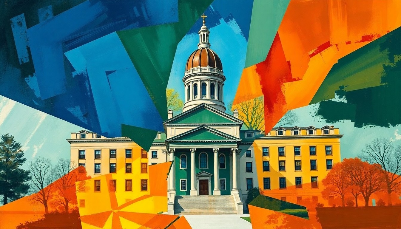 A dynamic, abstract painting featuring overlapping geometric shapes and waves of deep blue, forest green, and burnt orange, conceptually representing the frenetic energy and partisan tensions of the final day of the Maryland legislative session.