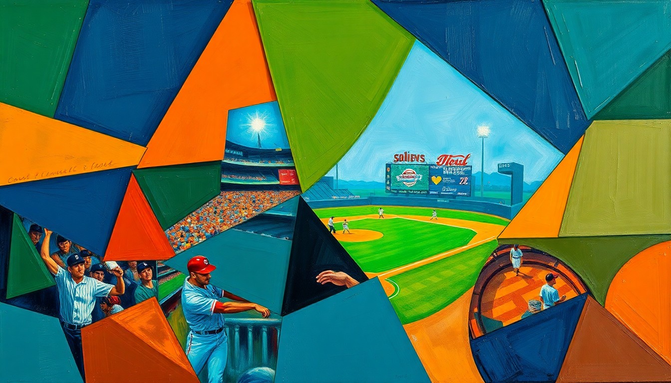 A cubist, geometric painting depicting a baseball player in motion, with sharp planes of color and overlapping perspectives capturing the energy and movement of the game.