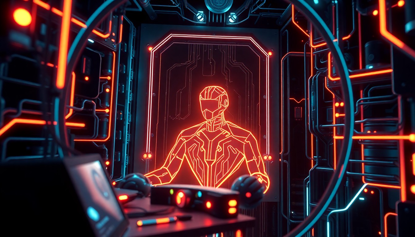 A highly detailed, glowing 3D illustration of an AI agent represented as a series of illuminated geometric shapes and lines, surrounded by a network of pulsing neon-colored cables and circuits, conveying a sense of advanced, cybernetic technology powering the agent's capabilities.