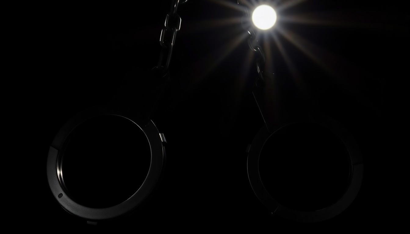 An extreme close-up photograph of metal handcuffs against a pitch-black background, the harsh flash creating dramatic shadows and textures that convey a sense of gritty law enforcement.