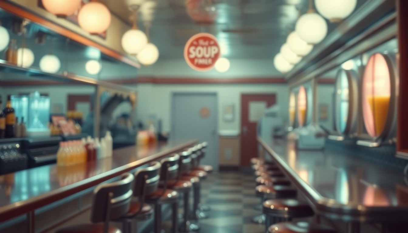 A softly focused, atmospheric photograph depicting the hazy, out-of-focus scene of a classic soda fountain counter with rows of chrome stools, mirrored shelves, and colorful bottles of syrup, conveying a sense of warm, nostalgic ambiance and the communal spirit of these bygone social spaces.