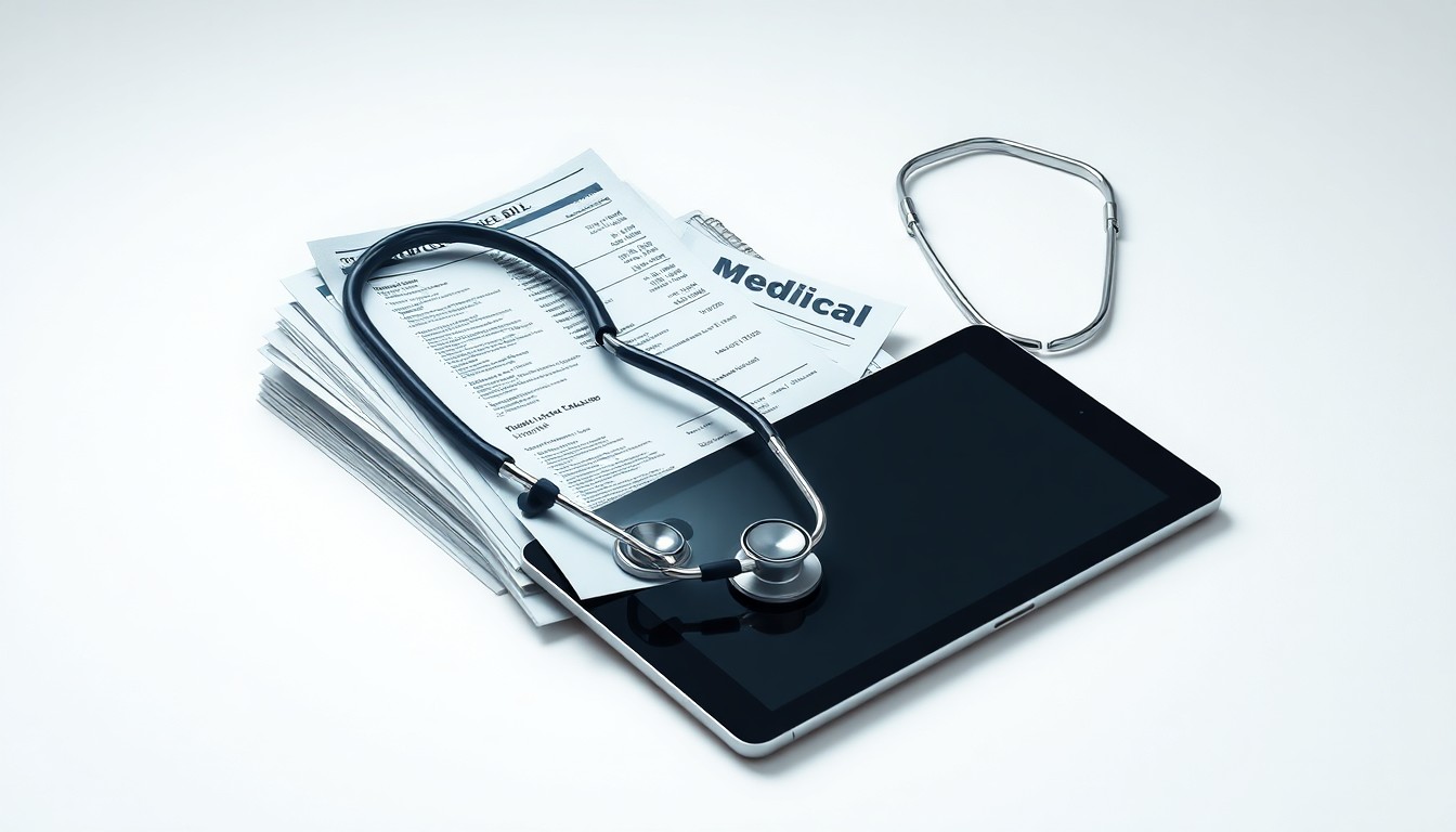 A photorealistic studio still life featuring a stack of medical bills, a stethoscope, and a tablet device, symbolizing the financial pressures facing the healthcare industry.