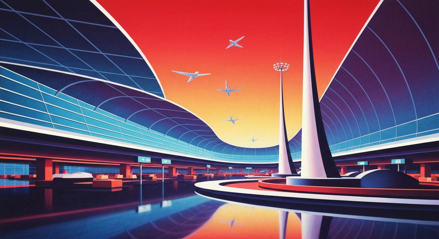 A bold, geometric illustration in the Art Deco style, featuring a sweeping, forced perspective view of an airport terminal or lounge with sleek, streamlined forms and smooth airbrushed gradients, capturing the grand scale and romance of air travel without any literal depictions of people or text.