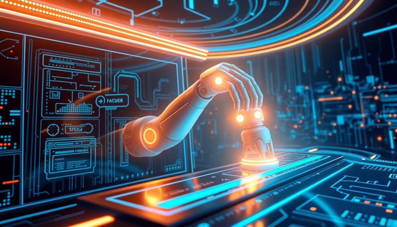 A highly detailed, glowing 3D illustration of an AI-powered robotic arm emerging from a sleek, futuristic control panel, surrounded by a swirling matrix of neon-lit data streams, conceptually representing the tension between AI automation and human employment.