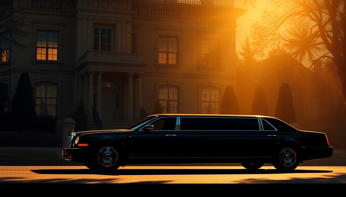 A photorealistic oil painting depicting a black limousine parked outside a large, stately mansion, the scene bathed in warm, dramatic lighting that casts deep shadows across the scene. The image conveys a sense of quiet contemplation and the tension between wealth and social responsibility.