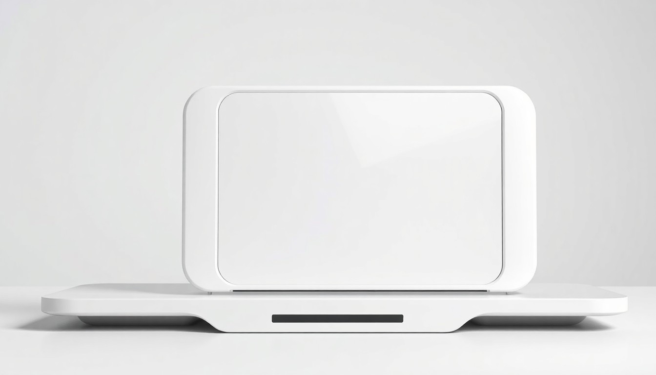 An extreme close-up of a minimalist, geometric tech device with smooth matte surfaces and subtle metallic accents, conceptually representing the benefits of insourcing local tech talent.