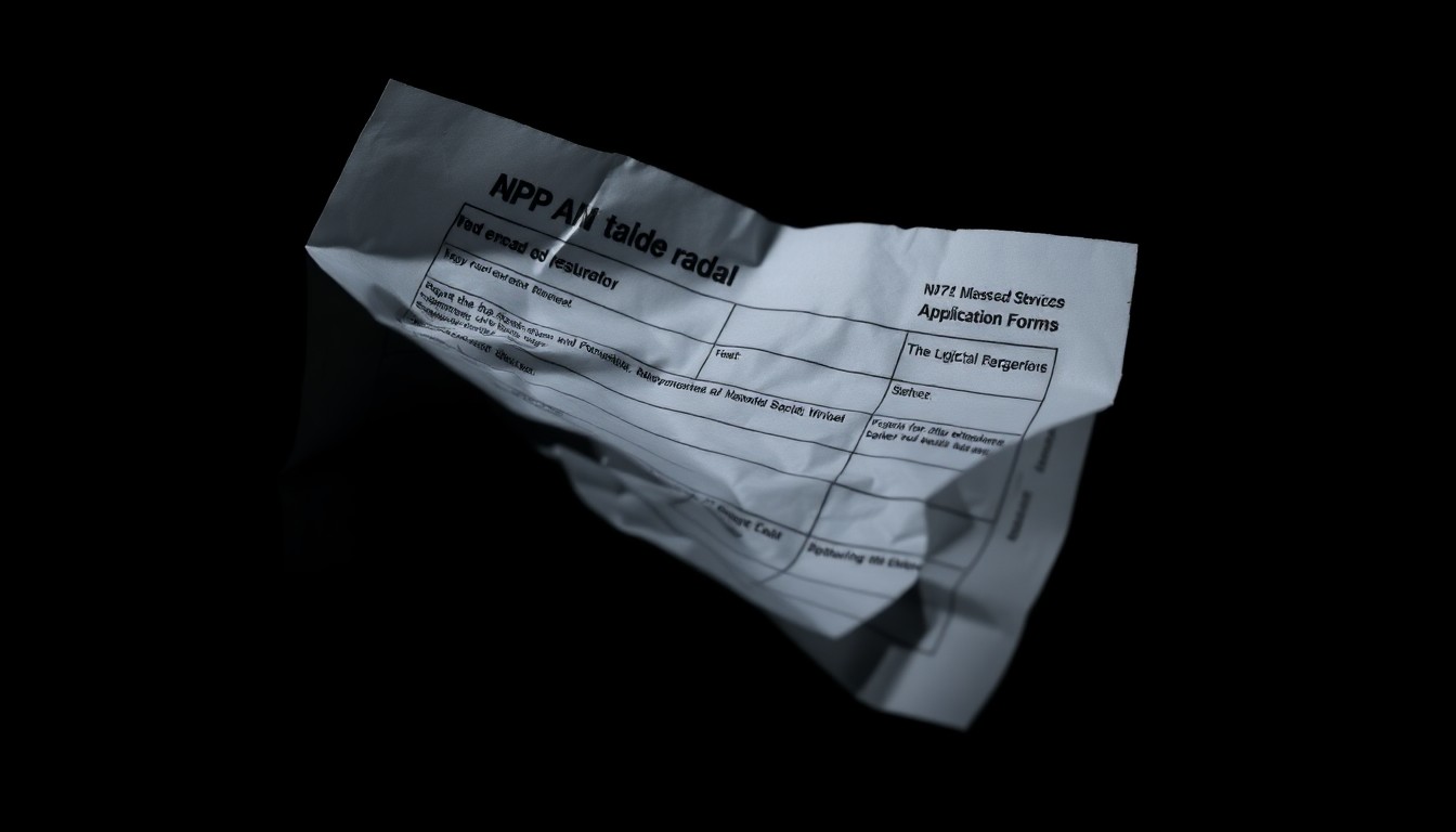 An extreme close-up of a crumpled, discarded PPP loan application form, the harsh lighting and stark black background conveying a sense of wrongdoing and the serious consequences of abusing public trust.