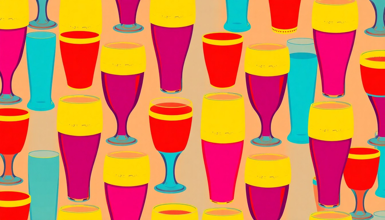 A brightly colored, high-contrast silkscreen print of a beer glass repeated in a tight grid pattern, conceptually representing the debate over smoking in bar patios.