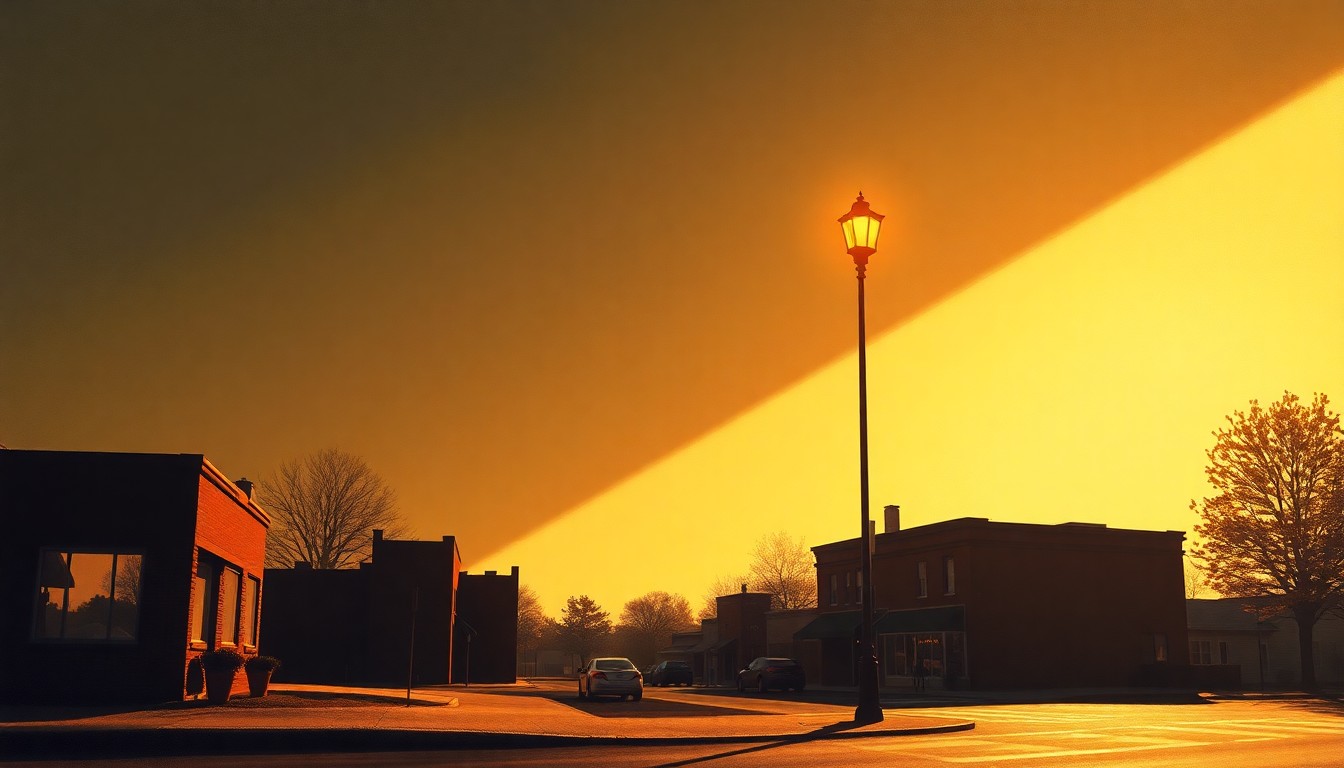 A serene, photorealistic painting of a single street lamp post in a quiet Trotwood neighborhood, with the warm glow of the lamp contrasted by deep shadows cast across the pavement, conceptually representing the importance of the city's renewal levy to maintain essential services.