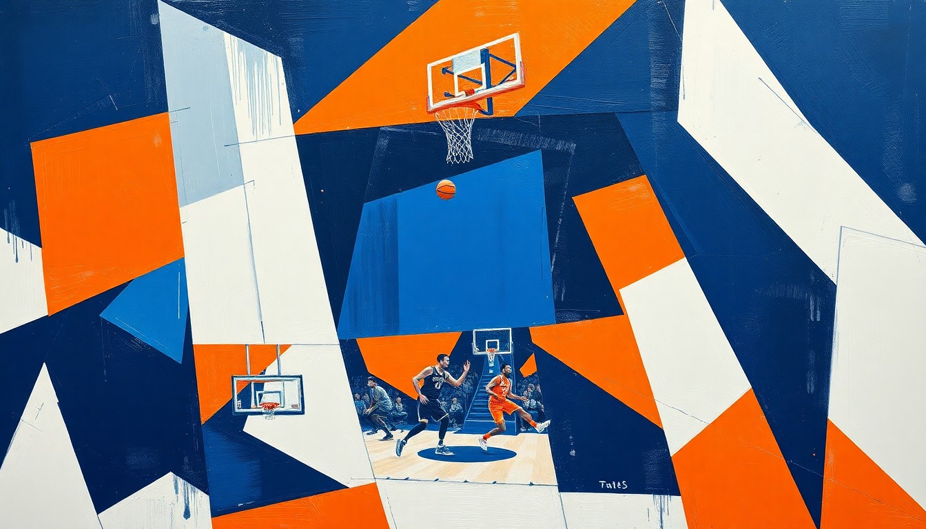 A cubist, geometric painting depicting a basketball game or playoff action, with sharp, overlapping planes of navy blue, orange, and white, conveying the dynamic energy of the sport.