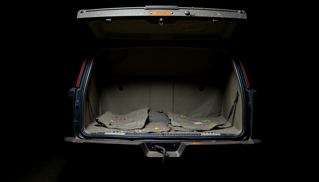 An extreme close-up photograph of a damaged, waterlogged camper's storage trunk against a pitch-black background, conveying the stark, gritty aftermath of the deadly flood at Camp Mystic.
