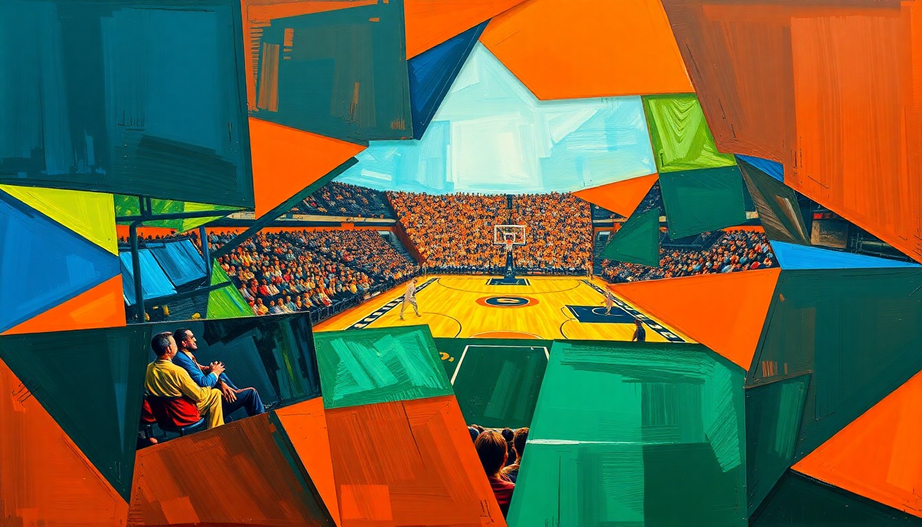 A cubist-style painting featuring fragmented, geometric shapes in shades of blue, orange, and green, conceptually representing the physicality and intensity of a college basketball game.