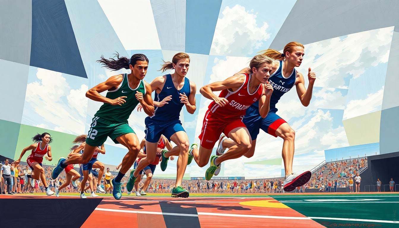 A fragmented, multi-angled painting depicting high school track and field athletes in motion, with sharp planes of vibrant colors representing the Solon Spartans' uniforms.