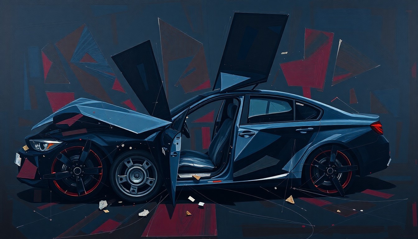 A cubist, geometric painting depicting the fractured, multi-angled scene of a car crash, with sharp planes of dark colors representing the violent impact.