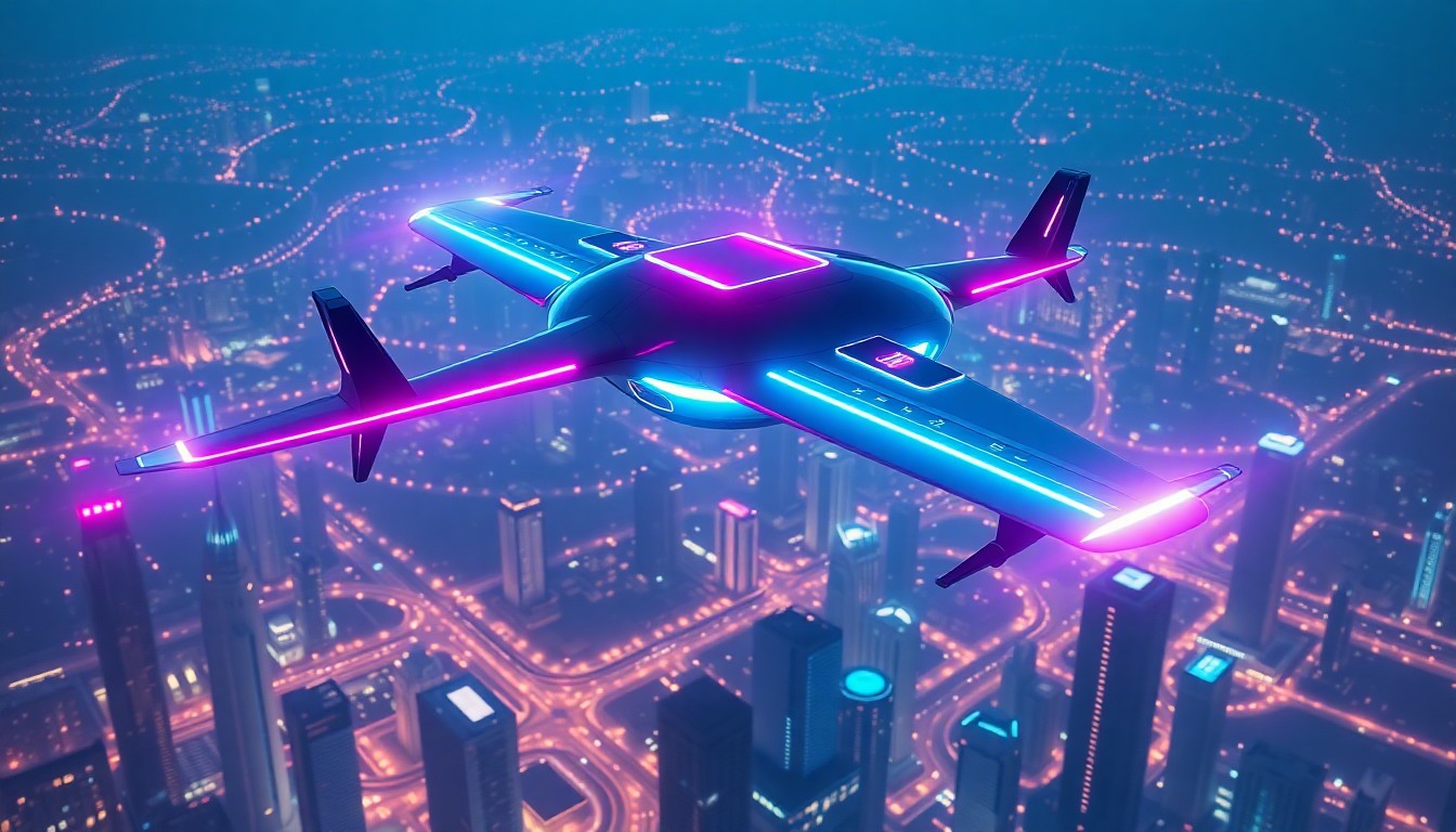 A glowing, neon-lit 3D illustration of an electric air taxi aircraft soaring over a futuristic city, representing the potential for this new transportation technology to transform urban mobility.