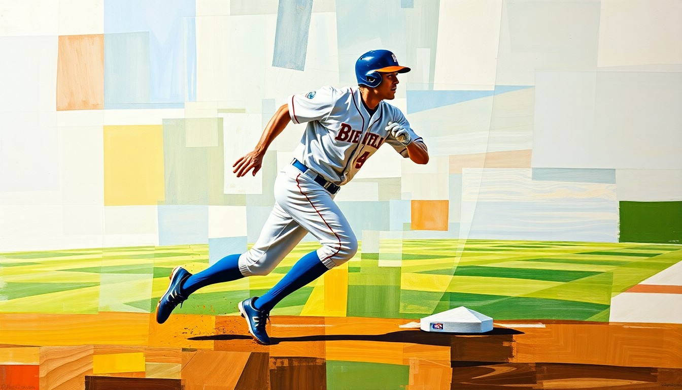 A cubist, geometric painting depicting a baseball player in motion, with their body broken down into sharp, overlapping planes of color, conveying the raw athleticism and speed of the player.