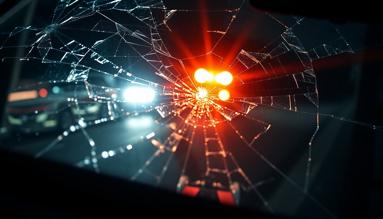 An extreme close-up photograph of a cracked and shattered car windshield reflecting the harsh glare of a camera flash, conceptually illustrating the aftermath of a serious traffic incident.