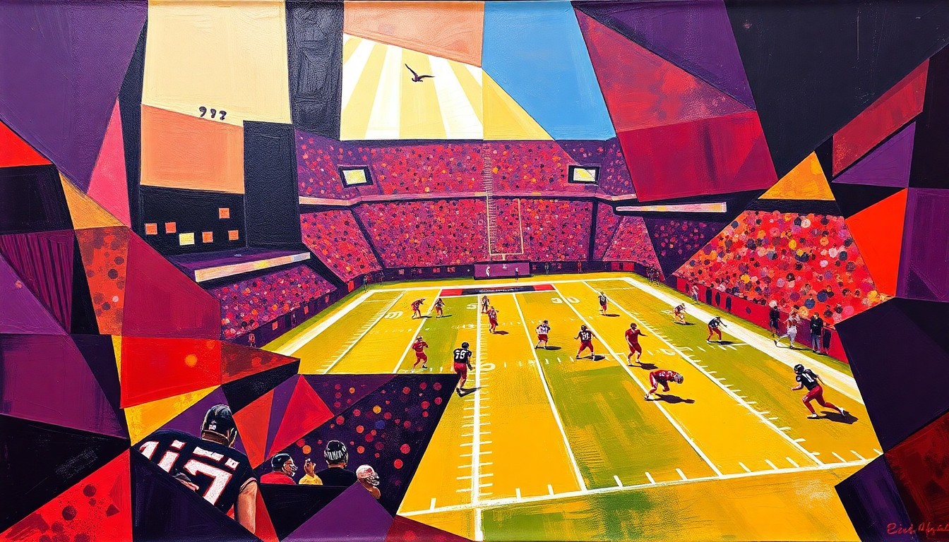 A fragmented, cubist-style painting depicting the chaotic energy of a college football practice, with players and equipment broken down into sharp, overlapping geometric shapes in deep purple, crimson, and gold tones.