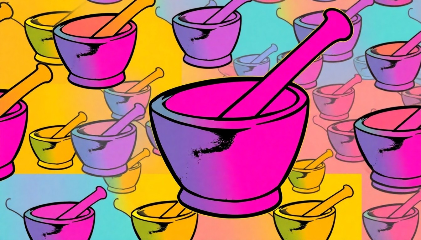 A brightly colored, high-contrast silkscreen print of a mortar and pestle, a symbolic icon of the public health field, repeated in a tight grid pattern, conceptually representing the celebration of a distinguished academic career.