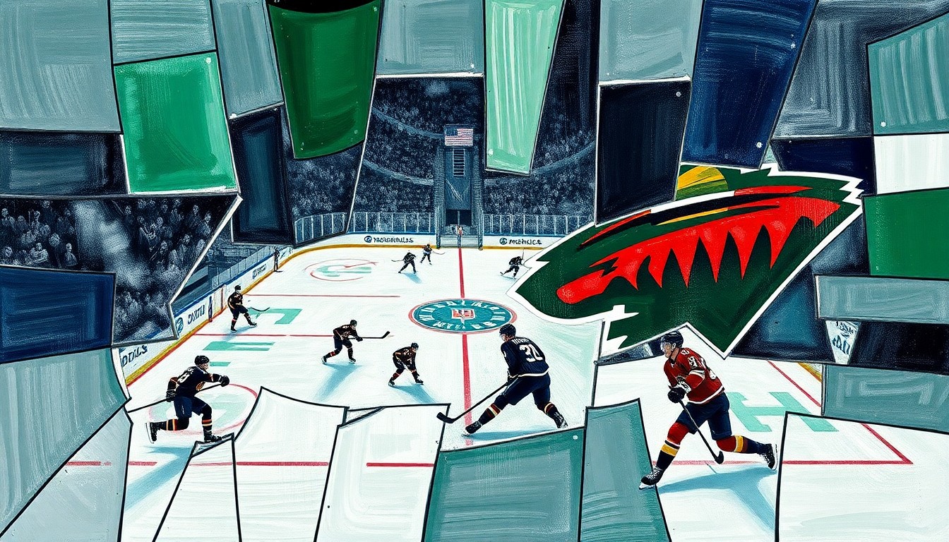 A cubist, geometric painting depicting a hockey game or match, with the players and action broken down into sharp, overlapping planes of color and shape, conveying the intensity and unpredictability of the playoff matchup between the Dallas Stars and Minnesota Wild.
