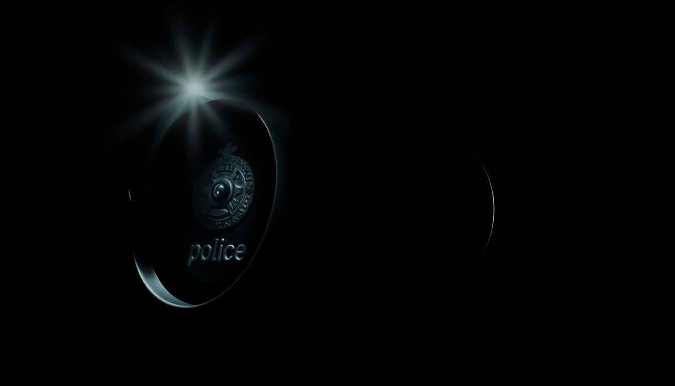 An extreme close-up photograph of a police badge or handcuffs lit by a harsh, direct camera flash against a pitch-black background, conveying a stark, gritty, investigative aesthetic.