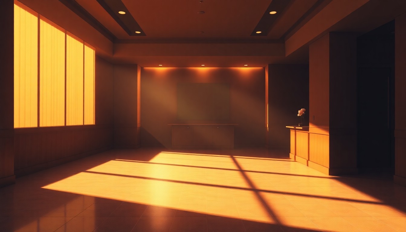 A serene, photorealistic painting of a hotel concierge desk in a warm, golden light, conveying a sense of melancholy and uncertainty about the future.