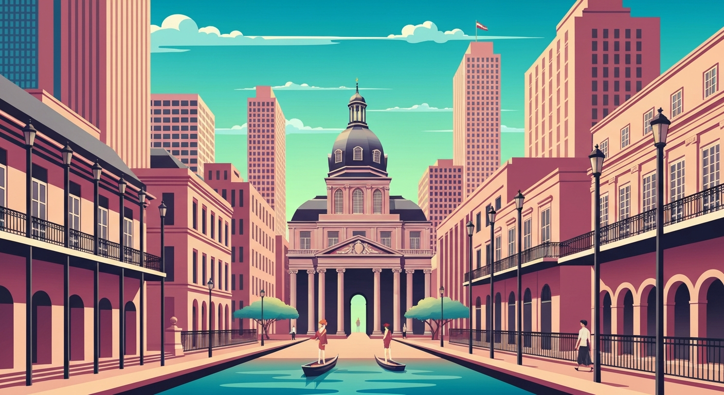 A bold, geometric illustration in the Art Deco style, featuring sweeping gradients and towering architectural forms that capture the grand scale and romance of New Orleans' tourism industry.