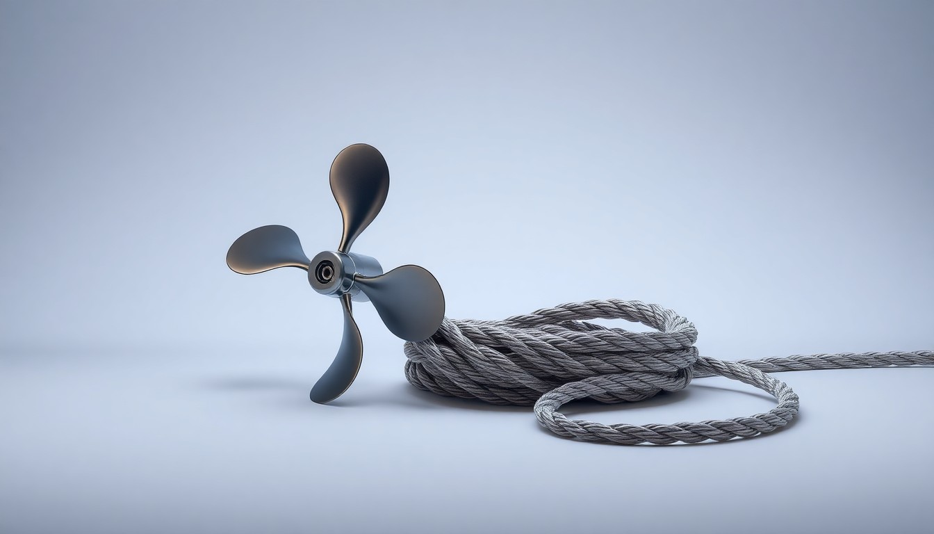 A high-end, photorealistic studio still-life photograph featuring a polished metal ship's propeller, a coiled rope, and a glowing fiber-optic cable arranged elegantly on a clean, monochromatic seamless background, conceptually representing the abstract concepts of global trade, maritime technology, and evolving energy strategy.