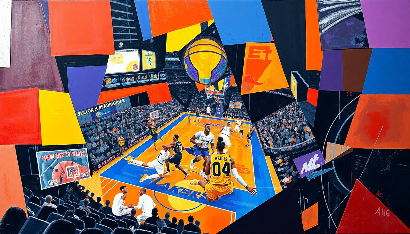 A cubist, geometric painting depicting a fragmented, multi-angled view of a basketball game, capturing the dynamic energy and challenges the Lakers face in their pursuit of the title.
