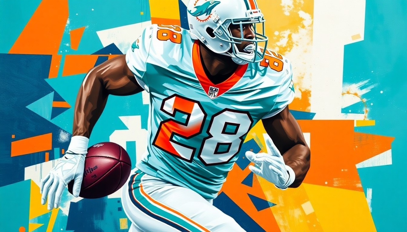A cubist, geometric painting depicting a football player in motion, with sharp, overlapping planes of aqua, orange, and white representing the Dolphins' star running back De'Von Achane.