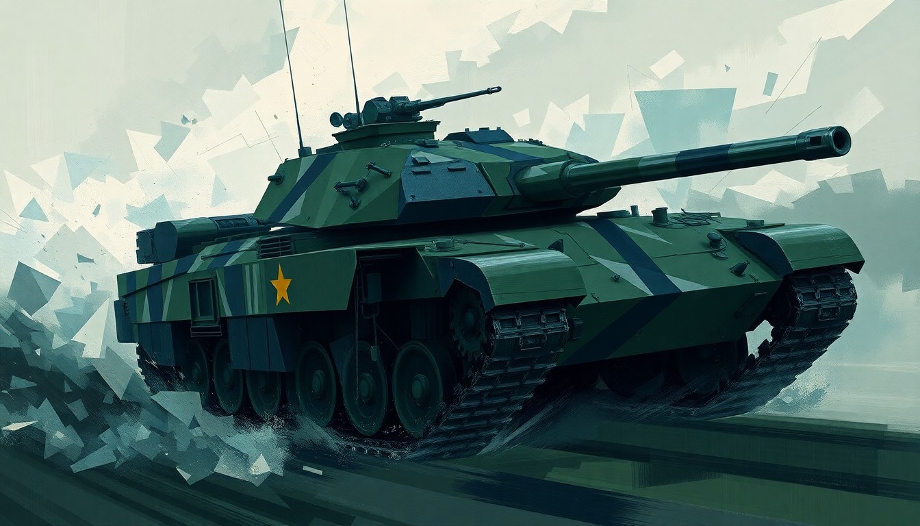 A dynamic, abstract painting of a military vehicle in motion, with overlapping geometric shapes and waves of dark colors, conceptually representing the uncertainty and volatility surrounding the costs of the Iran war.