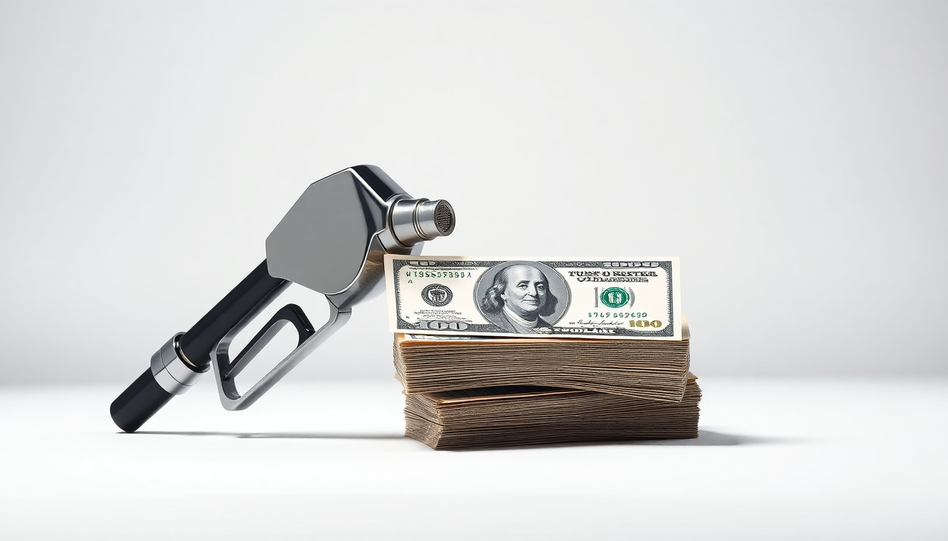 A minimalist, photorealistic studio still life featuring a polished chrome fuel nozzle and a stack of crisp dollar bills, symbolizing the tension between rising fuel costs and improving freight rates in the trucking industry.