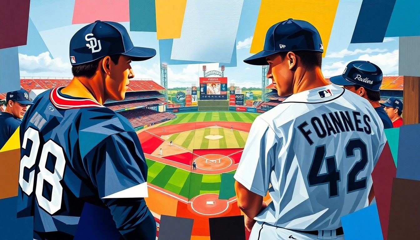 A cubist-style painting depicting a baseball game in progress, with the players and field broken down into sharp, overlapping geometric shapes and planes in the colors of the Padres and Mariners uniforms.