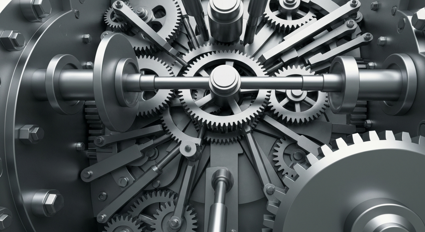 An extreme close-up of the intricate inner mechanisms of a Federal Reserve vault, conveying the complex and secure nature of the nation's financial infrastructure.