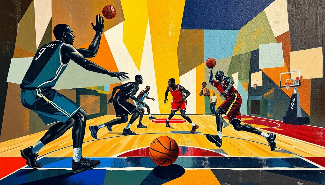 A fractured, cubist-style painting depicting a basketball game, with the players' forms broken down into sharp, overlapping geometric shapes in a vibrant color palette. The ball and court lines cut through the composition, creating a dynamic, multi-perspective visual representation of the game action.