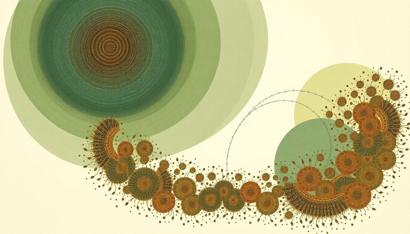 An abstract painting in earthy tones of green, brown, and ochre, featuring sweeping geometric arcs, concentric circular patterns, and precise botanical spirals, conceptually illustrating the complex life cycle and swarming behavior of western tussock moth caterpillars.