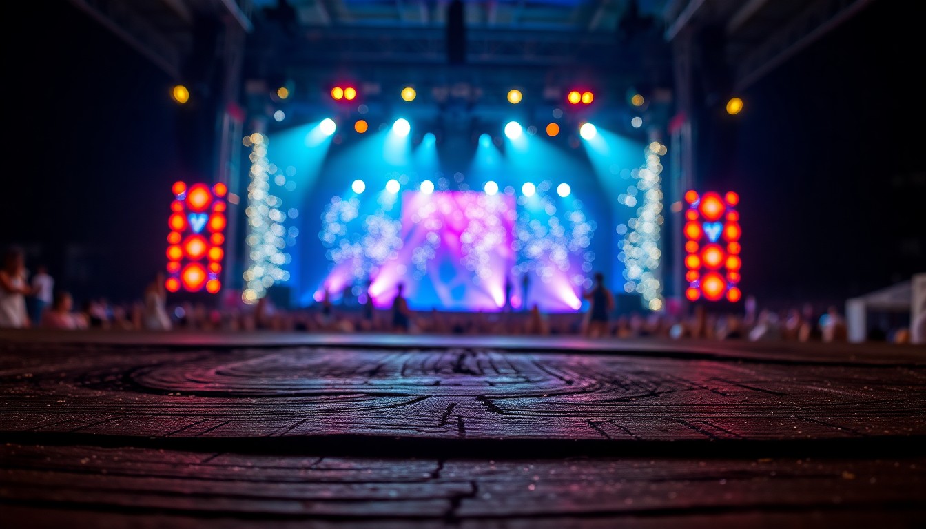 An abstract close-up photograph of weathered wooden planks reflecting the bright, glittering lights of a country music festival stage, conveying the energy and excitement of the live outdoor event.