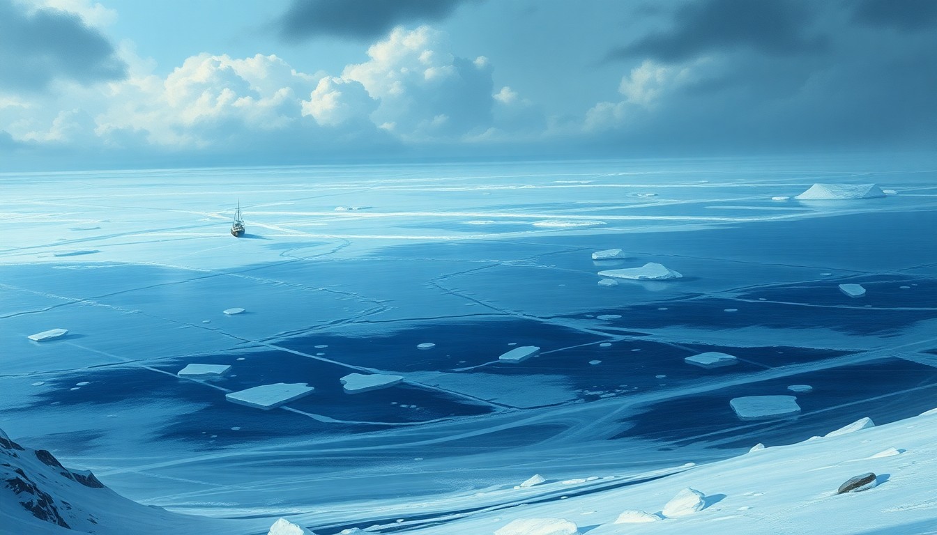 A sweeping, atmospheric landscape painting in muted tones of blue, white, and gray, depicting a vast, frozen expanse of ice and snow, with a tiny boat barely visible in the distance, conveying a sense of the overwhelming scale and power of the Arctic environment.