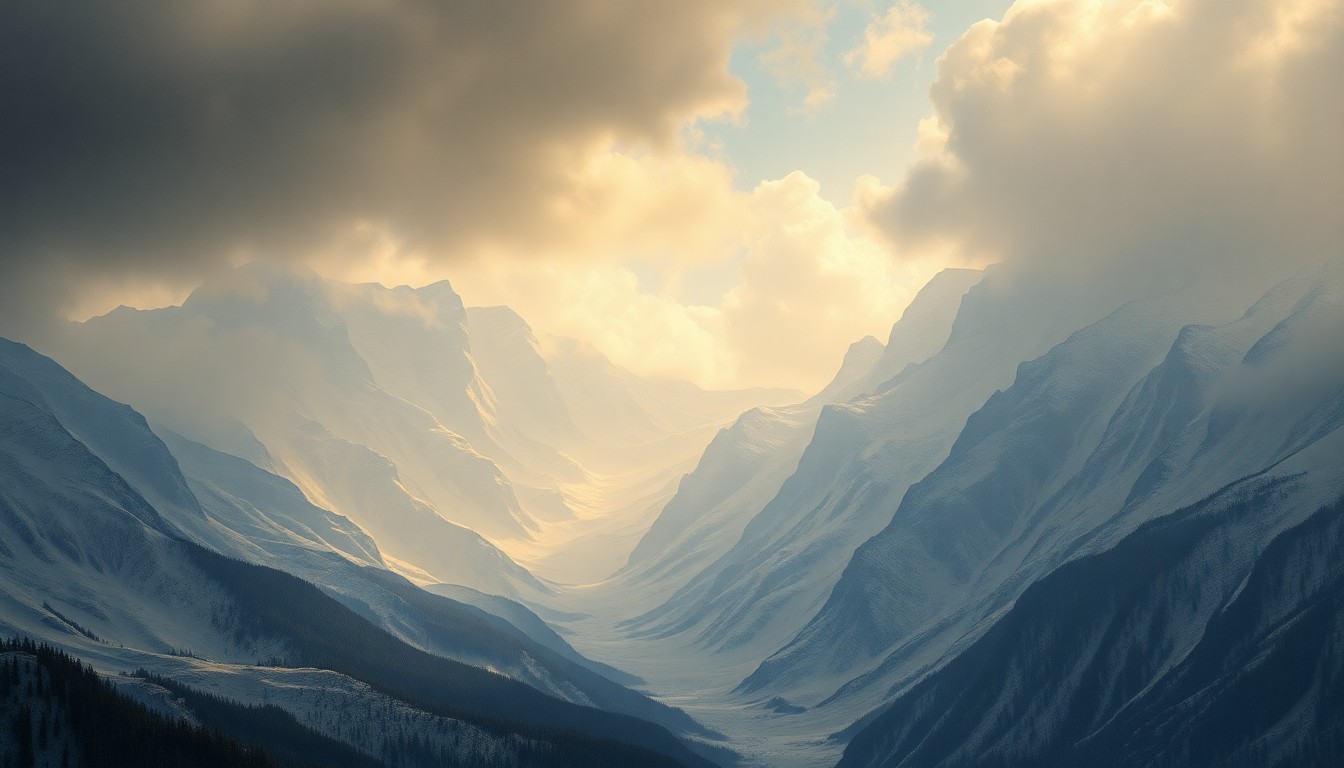 A vast, atmospheric landscape painting depicting a snow-covered mountain range under dramatic lighting, with a sense of overwhelming scale and sublime natural power.
